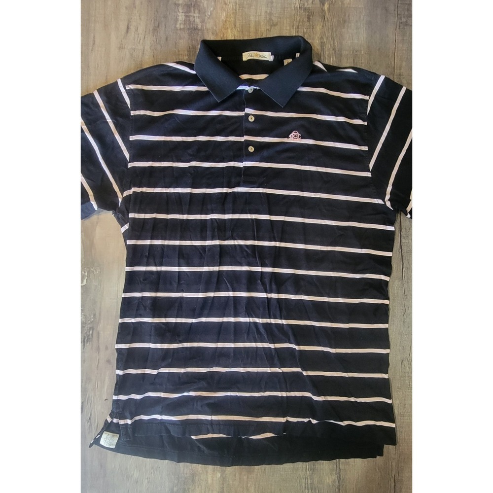 Peter Millar Mens XL Oakmont Black And Pink Striped Golf Polo Shirt EUC